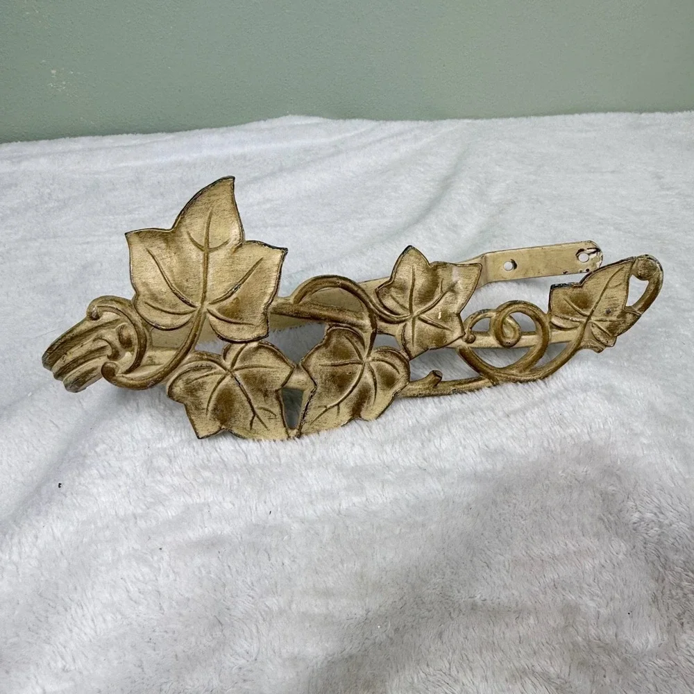 Vintage Aged Yellow Gold Patina Ivy Leaf Metal Curtain Tie Backs Holdbacks Pair